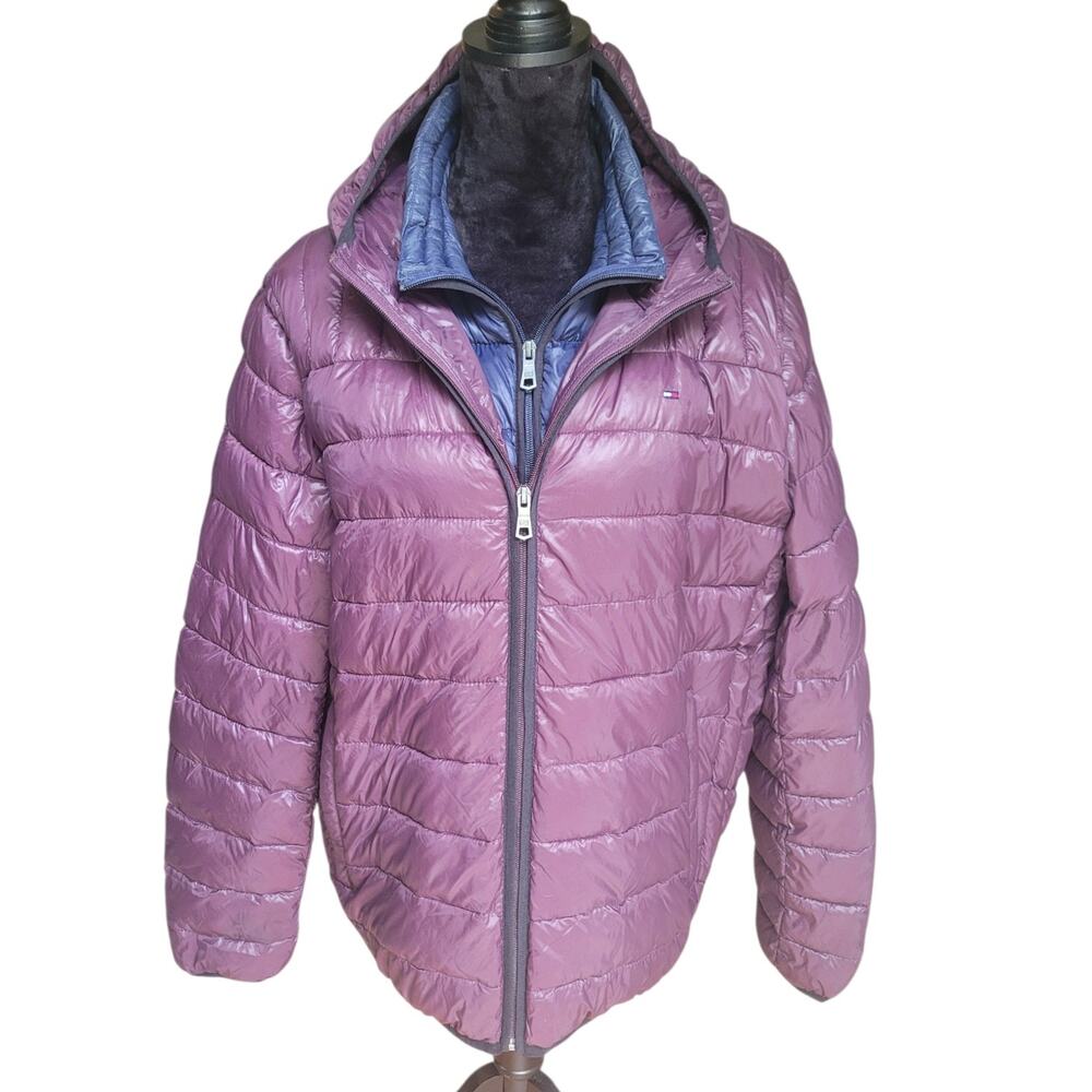 Tommy Hilfiger Packable Puffer Jacket Women's L Purple Hooded Quilted